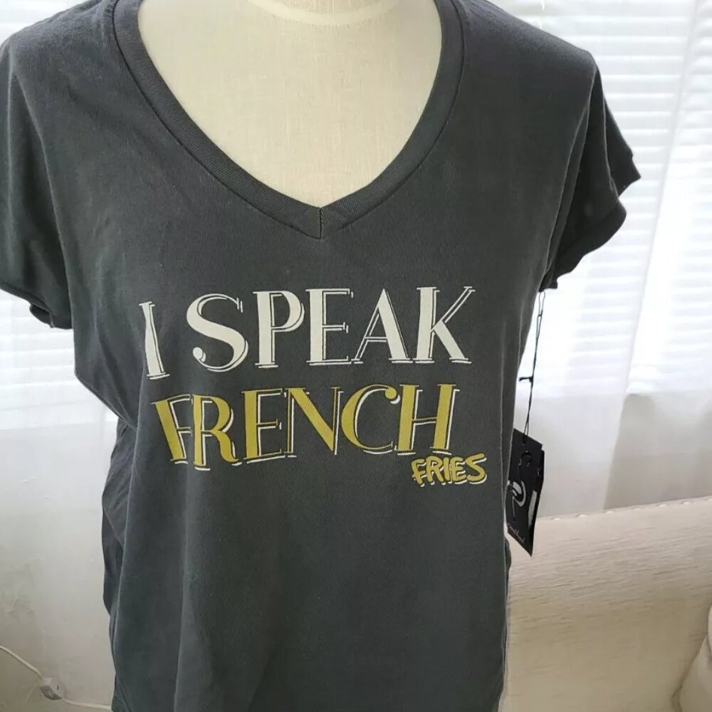 Sugar ladies size M t-shirt v neck I speak french fries gray soft top tee Z2